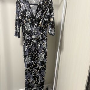 Floral Surplice Maxi Dress in Black and Gray-Blue